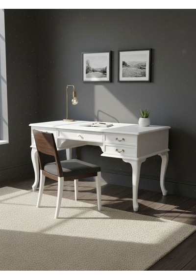 Throne Fransız Still Çekmeceli Ahşap Çalışma Masası 75x140 Beyaz