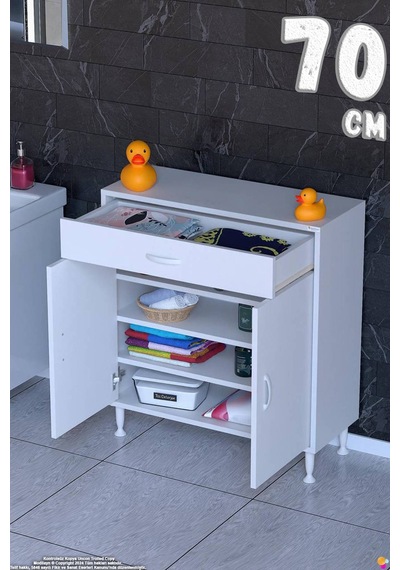 Emir 70 Cm Çok Amaçlı 1 Çekmeceli 1 Kapaklı 3 Raflı 4 Bölmeli Dolap Beyaz