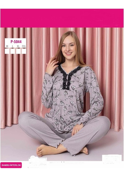 Sude Kadın Bambu İnterlok Uzun Kol Yakası Nakışlı V Yaka Pijama Takımı P5044 - 1 Adet 001