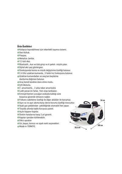 Maestro Gt 4x2 12v Akülü Uzaktan Kumandalı Emniyet Kemerli 2x Arka Süspansiyonlu Çocuk Akülü Araba Beyaz