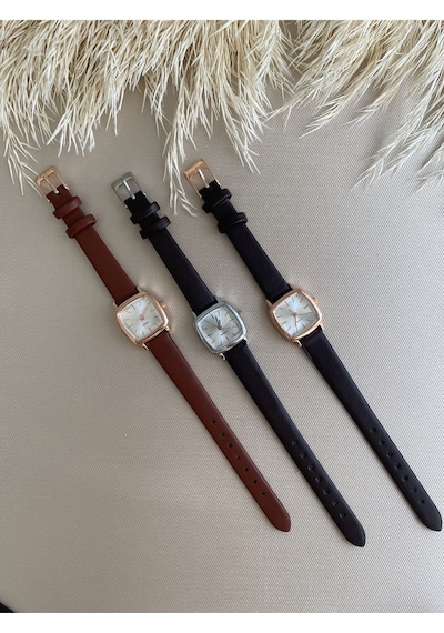 Retro Minimal Vintage Kahverengi Renk Kordon Kadın Kol Saati Bb0034 Gri