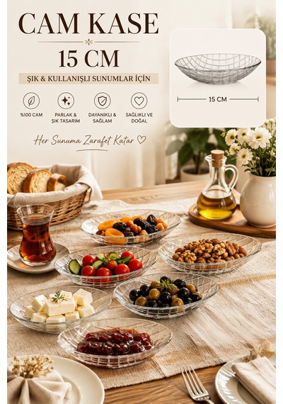 Porsima Vivaldi 4474 6'lı Oval Cam Kase Seti 15 Cm Baklava Desenli Çerezlik, Reçellik Ve Kahvaltılık