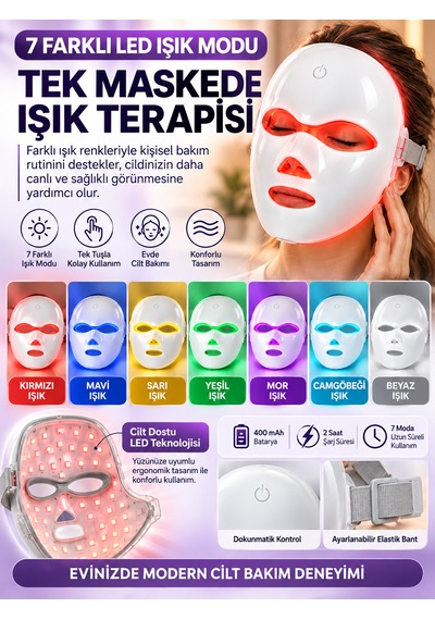 7 Renk Led Işıklı Yüz Bakım Maskesi Şarjlı Dokunmatik Kontrollü Ayarlanabilir Bantlı Cilt Bakım Cihazı