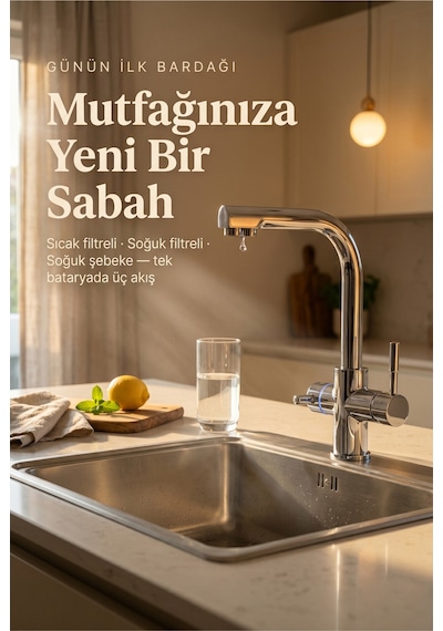 Likuan Akıllı 3 Yollu Tri-flow Mutfak Bataryası Sıcak/soğuk Filtreli + Şebeke Led Renk Göstergeli L-tipi Krom Gümüş
