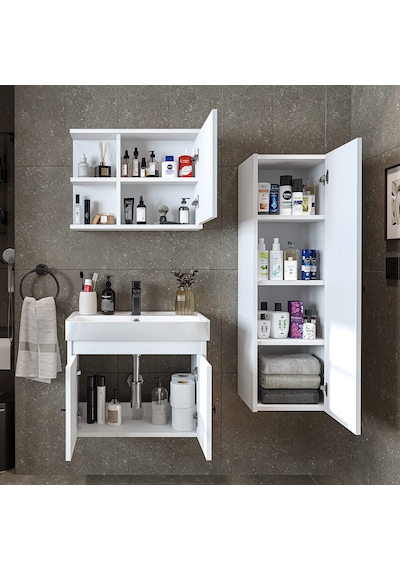 Ada Lavabolu Banyo Alt Dolabı + Banyo Üst Dolabı + Boy Dolap Byz Mat Beyaz
