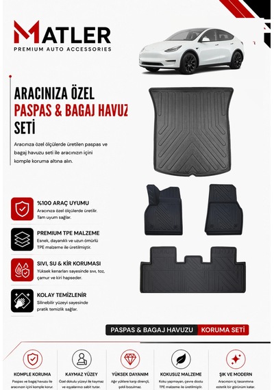 Tesla Model Y 2019 Model 4d Ekstra Havuzlu Paspas Ve Bagaj Havuzu Set