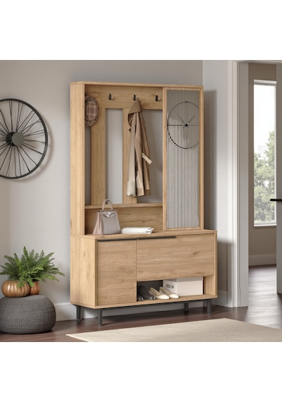 Robin Home Portmanto Vestiyer Ayakkabılık Aynalı Metal Ayaklı Sepet Kahverengi