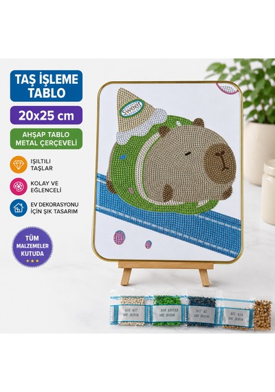 5d Elmas Taş İşleme Tablo Seti Kapibara Desenli 20x25 Cm Ahşap Metal Çerçeveli Elmas Mozaik Hobi Seti Capybara Diamond Painting