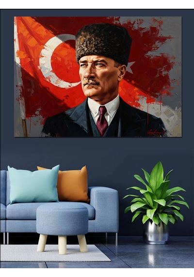 Bayrak Önünde Atatürk Portre Sanatı Dekoratif Kanvas - Mdf Ahşap Tablo