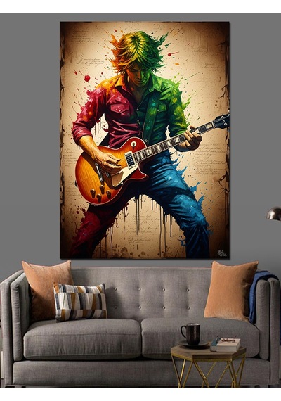 Ahşap Tablo Gitar Çalan Renkli Modern Sanatçı