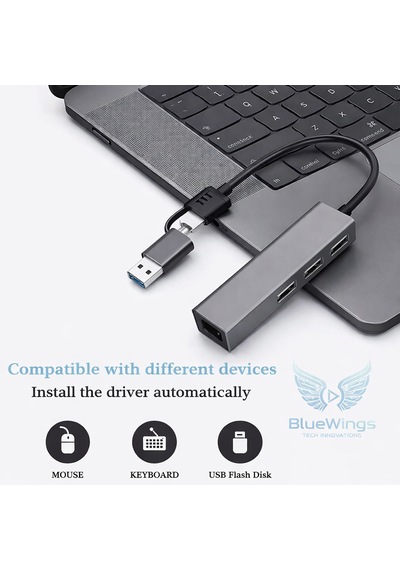 Multi Girişli Usb Type-c Ethernet Adaptör 3 Port Usb 3.0 Hub Rj45 Gigabit 1000 Mbps Lan Dönüştürücü Apple Uyumlu Macbook / Laptop