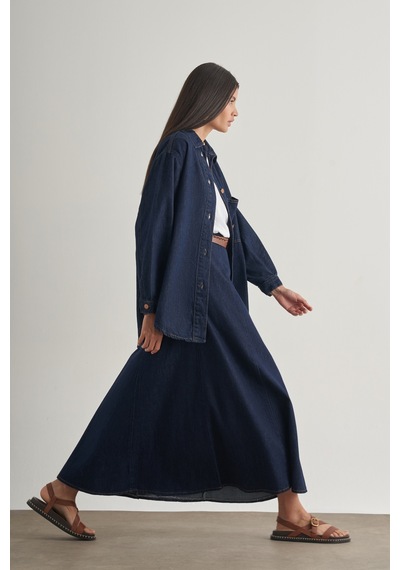 Mizalle Beli Lastikli Volanlı Evaze Lacivert Maksi Denim Etek Lacivert