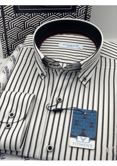 Slim Fit Uzun Kol Premium Kalın Çizgili Yaka Düğmeli Hediye Kutulu Kolay Ütülenebilir Erkek Gömlek Fs-001375 - Beyaz Siyah-2900