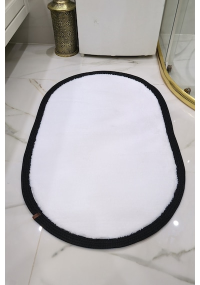 Kaymaz Taban Puffy Peluş Ultra Yumuşak 50x70 Cm Bordürlü Şık Tasarım, Suya Dayanıklı Banyo Paspası Beyaz-siyah