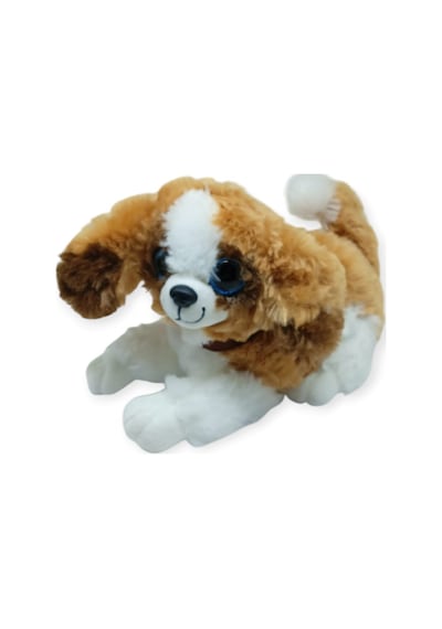Sesli Peluş Yatan Köpek 25 Cm - Kahve Beyaz Çok Renkli