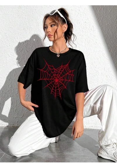 Kadın Örümcek Ağ Baskılı T-shirt Kısa Kol Bisiklet Yaka Oversize Tişört - Siyah