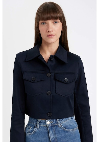 Defacto Crop Gömlek Yaka Düğmeli Cep Detaylı Blazer Ceket D4276AX24AU Lacivert
