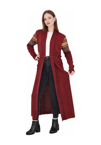 Onno Style Woman Standart Beden Kilim Desenli Uzun Triko Ceket Bordo