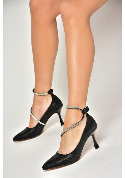 Fox Shoes S246069714 Siyah Simli İnce Topuklu Kadın Abiye Ayakkabı Siyah