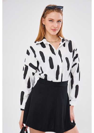 Armonika Kadın Siyah Fırça Desen Oversize Uzun Basic Gömlek Arm-22y001141