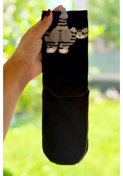 Lousocks Unisex Siyah Yeşil Gözlü Tekir Kedi Desenli Ponpon Soket Çorap
