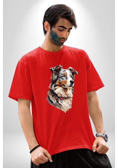 Australian Shepherd Köpek Pamuklu Bisiklet Yaka Unisex Oversize Boyfriend Dijital Baskılı Kırmızı T-shirt Kırmızı