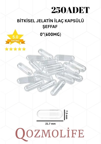 Qozmolife Orta Boy Şeffaf Bitkisel Jelatin Boş Kapsülü Helal Sertifikalı 0"600mg 250 Adet