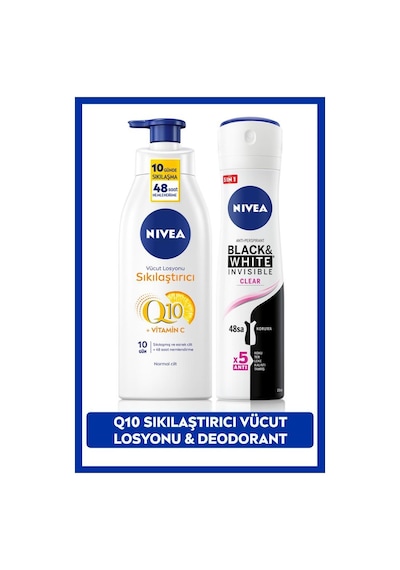 Nivea Q10 Normal Ciltler için Sıkılaştırıcı Vücut Losyonu 400 ML + Black & White Clear Kadın Sprey Deodorant 150 ML