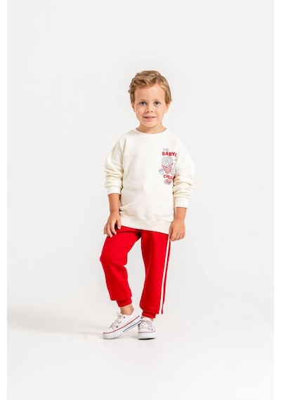 Churros Baskılı Sweatshirt & Eşofman Krem Kırmızı Alt Üst Takım 3 İplik Süper Kalite