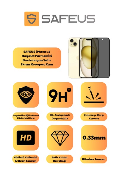 Safeus Tam Kaplayan Hayalet Parmak İzi Bırakmayan Safir Ekran Koruyucu Cam Apple iPhone 15 Uyumlu İle