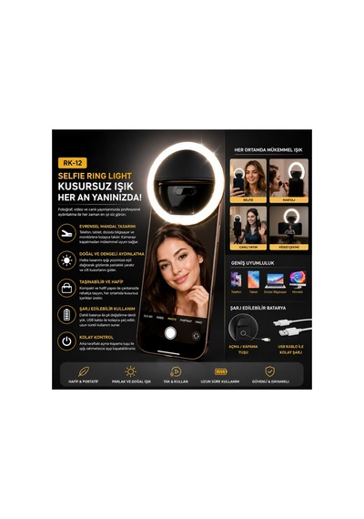 Rk-12 Telefon Uyumlu Taşınabilir Şarj Edilebilir Selfie Ring Light Mandal Tipi Yuvarlak Fotoğraf Ve Video Işığı