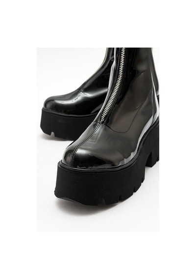 Luvishoes Luvi Shoes Ovil Siyah Rugan Kalın Taban Fermuarlı Kadın Bot Sıyah Rugan