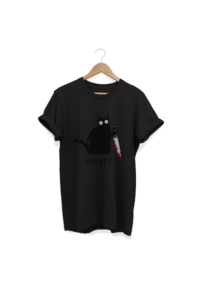 Kedi Baskılı Siyah T-Shirt Siyah
