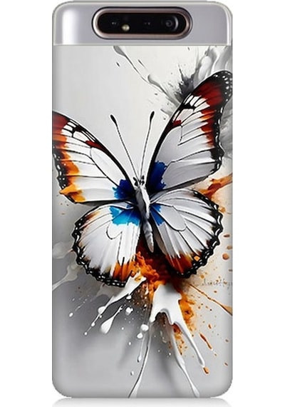 Samsung Galaxy A80 Uyumlu Beyaz Kelebek Desenli Silikon Kılıf
