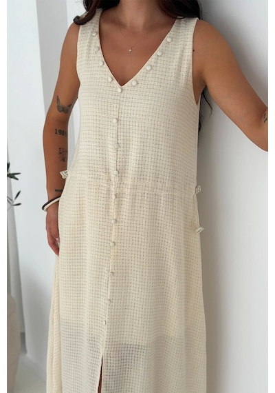 Asprin Fashion Etamin Kumaş Süs Düğmeli Elbise Beyaz