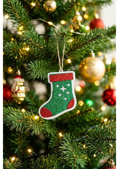 Simli Noel Çorabı Yılbaşı Ağacı Süsü 6'lı Set - Yeşil Kırmızı Yıldızlı Asma Süs