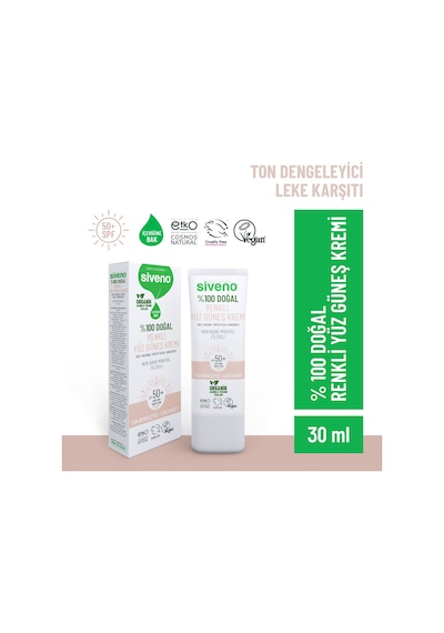 Siveno %100 Doğal Yüz Güneş Kremi Renkli Ton Eşitleyici Leke Karşıtı Uva Uvb Spf 50+ 30 ML