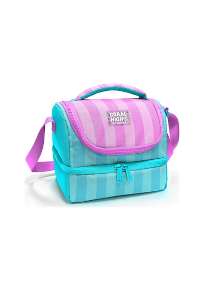 Coral High Kız Çocuk Turkuaz Pembe Çizgi Desenli İki Katlı Okul Beslenme Çantası 37213 Pembe - Turkuaz
