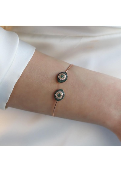 2'li Nazar Yeşil Taşlı Rose Gold Kaplama Gümüş Kelepçe Gümüş