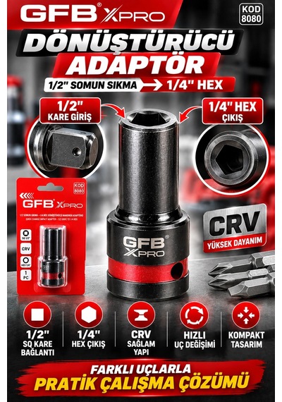 Gfb X-pro 1/2" Kare Giriş 1/4" Hex Çıkış Hızlı Değişim Dönüştürücü Adaptör Crv Açı