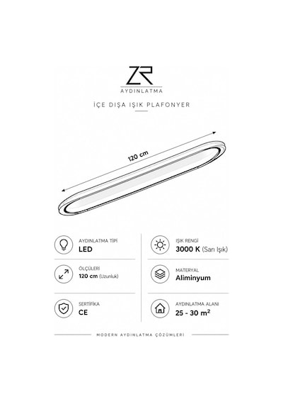 Siyah 120x16 cm Oval Avize 3000K Sarı Işık Led Tavan Lambası