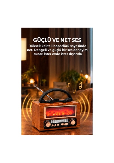 Nostaljik Radyo Şömine Görünümlü Müzik Kutusu Retro Ahşap -bluetooth Hoparlör Speaker & Usb Destekli Ns-901bt