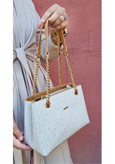 Just Polo Kadın Orta Boy Zincir Detaylı Ayarlanabilir Askılı Şık El & Omuz Çantası Shoulder Bag Beyaz - Taba