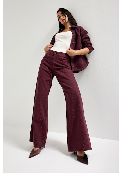 it's basic Kadın Bordo Renk T-6w5-122 Palazzo Fit Parlak Taşlı Özel Tasarım Denim Jean