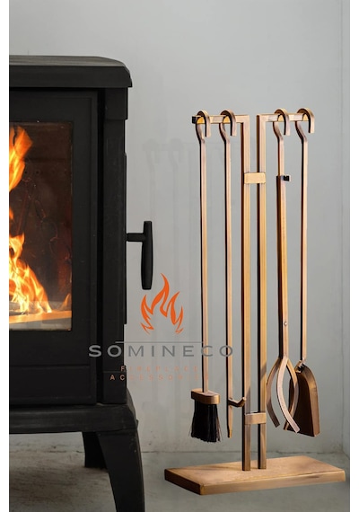 Somineco 5Li Ithal Antik Gold Patinalı Şömine Aksesuar Seti