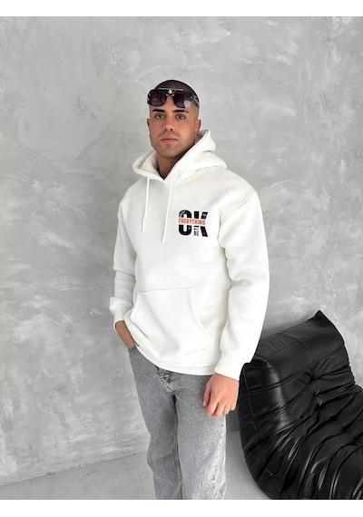 Oversize Üç İplik Kapşonlu Sweatshirt - Beyaz 001