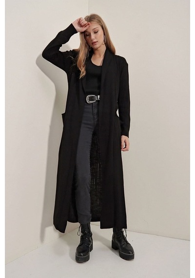 Onno Style Women Selanik Örgü Kapşonlu Uzun Ceket Siyah