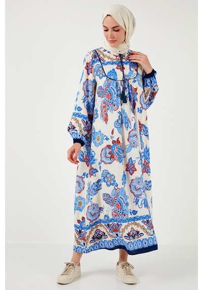 Lela Modest Desenli Regular Fit Bağlamalı V Yaka Maxi Bayan Elbise 611El510 Lacivert