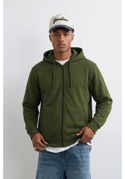 Markapia Erkek Fermuarlı Kapüşonlu İçi Polarlı Sweatshirt Haki M L