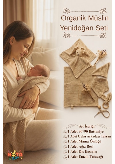 Nota Kids Organik Müslin Bebek Hediye Seti %100 Pamuk Yenidoğan Seti Hediye Kutulu Bej